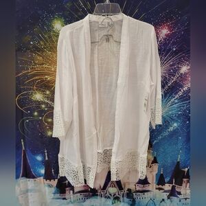 Kim Rogers White Crochet Trim Open Front Cardigan/Cover Up